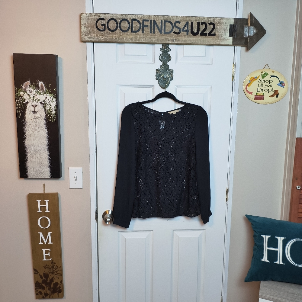 Banana Republic Shirt Womens XS Black Sheer Lace Long Sleeve